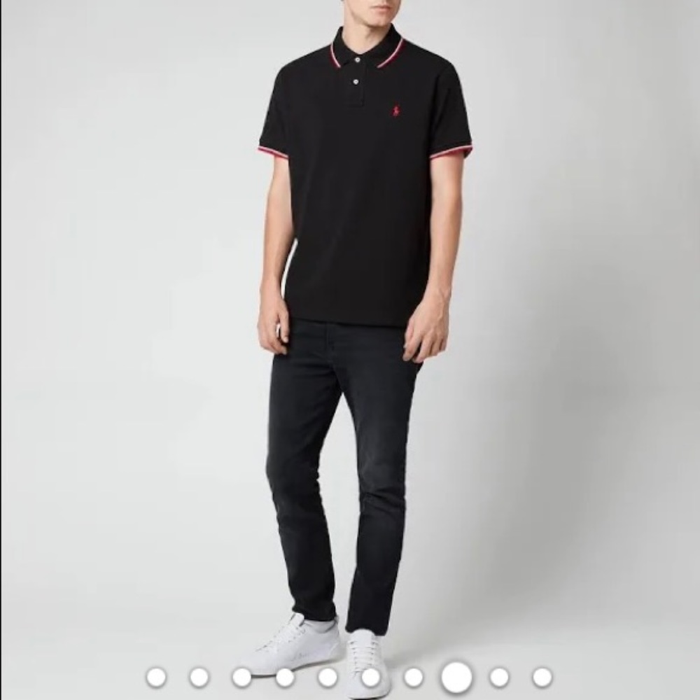 Polo Ralph Lauren black polo tipped with red stripe.